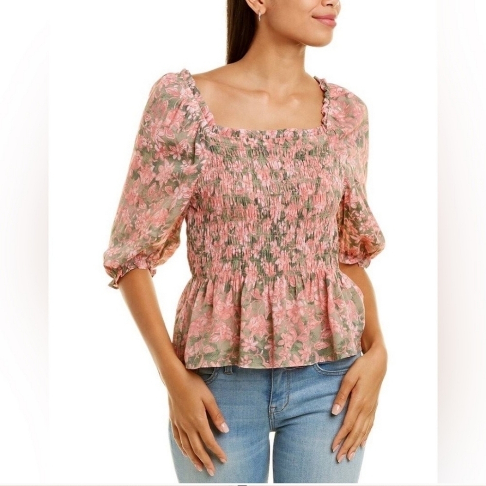NANETTE LEPORE Floral Printed Peasant Top in Pink